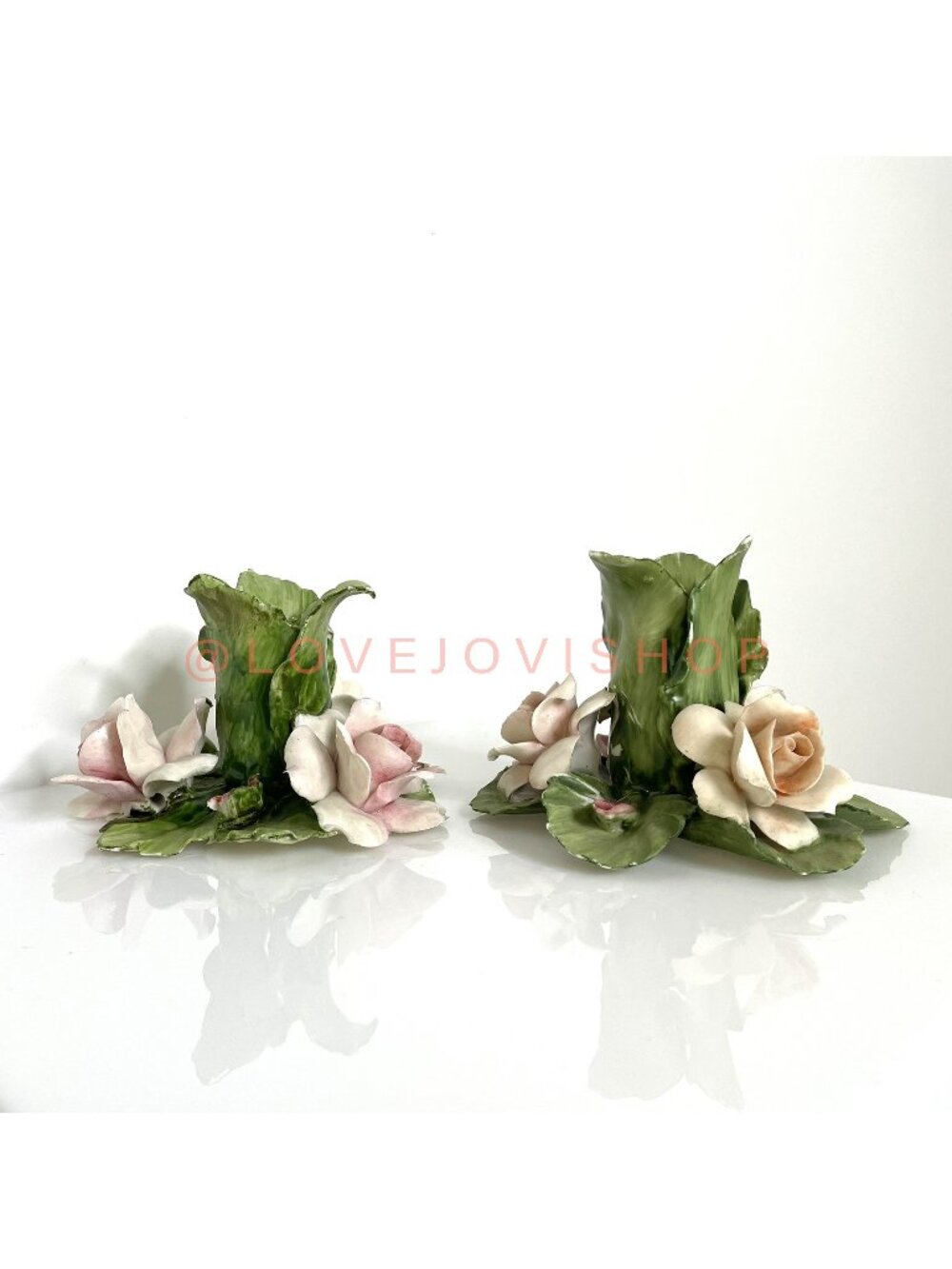 Spring | Set 2 Capodimonte Ceramic Floral Candlestick Candle Holder | Flawed Gem